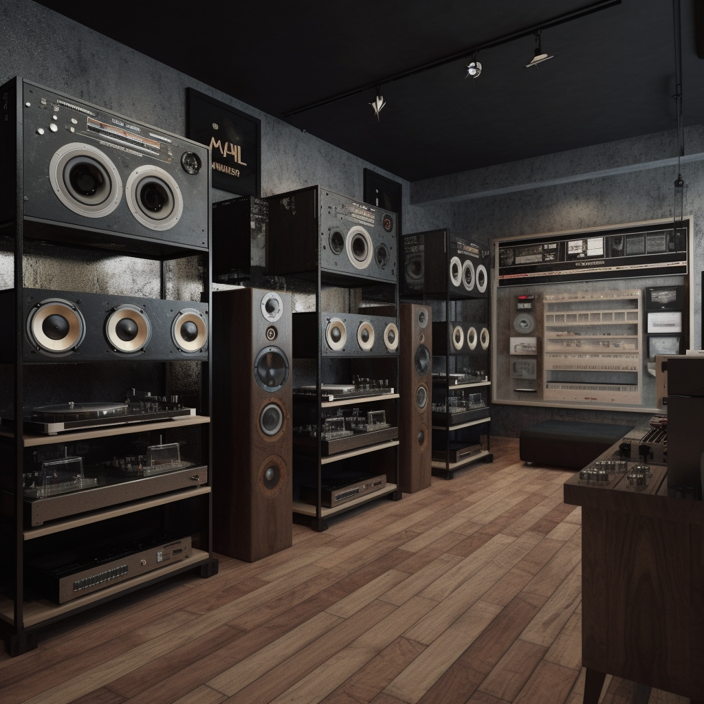 Audiophoria showroom with loudspeakers and audio equipment